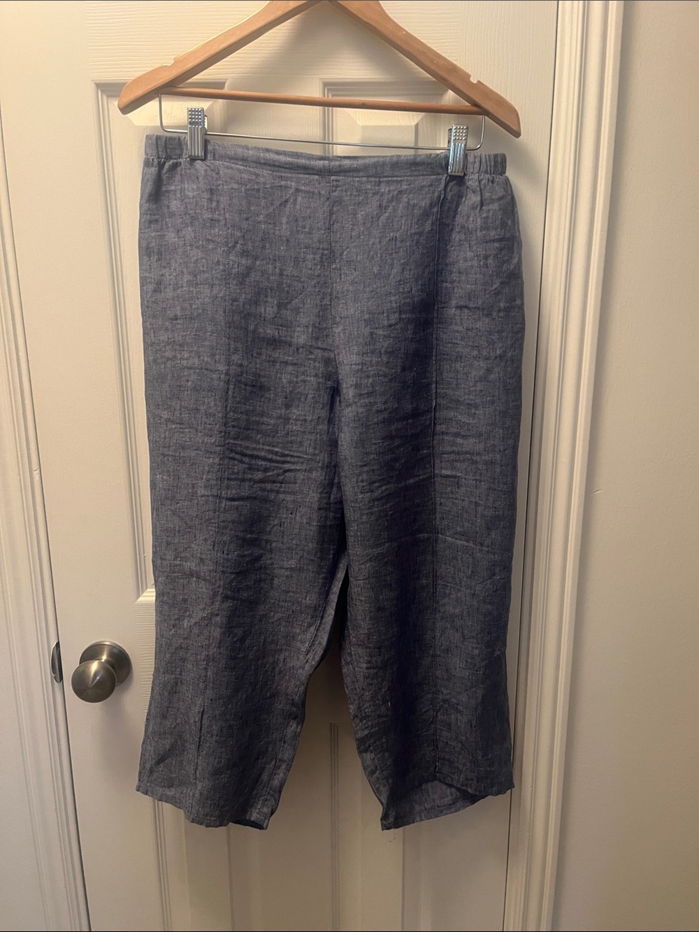 Flax Linen Elastic-Waist Pants in Light Blue Heather